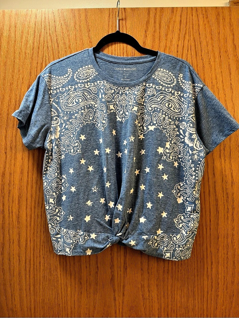 Lucky Brand Paisley Star Print Knot Front Tee Blue & White Large